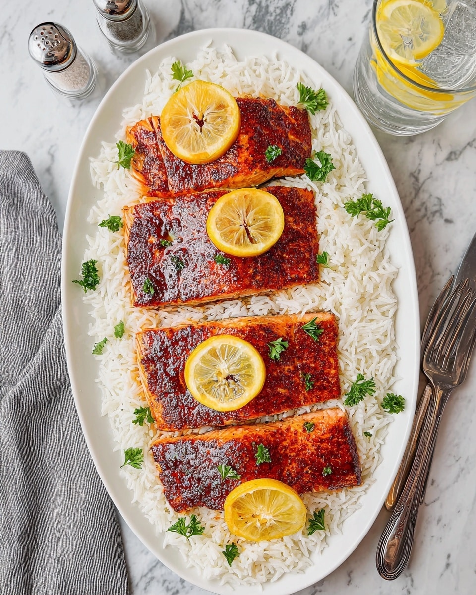 An oval white plate sits on a white marbled surface with a base layer of fluffy white rice filling the plate. On top, four long pieces of grilled salmon with shiny, dark reddish-brown, slightly charred surfaces are evenly spaced in a vertical line. Bright yellow lemon slices are placed near each side of the salmon pieces, with small green parsley leaves arranged for garnish at the top and bottom of the plate. Around the plate, there is a glass of iced water with lemon, a silver fork, and salt and pepper shakers visible. photo taken with an iphone --ar 4:5 --v 7