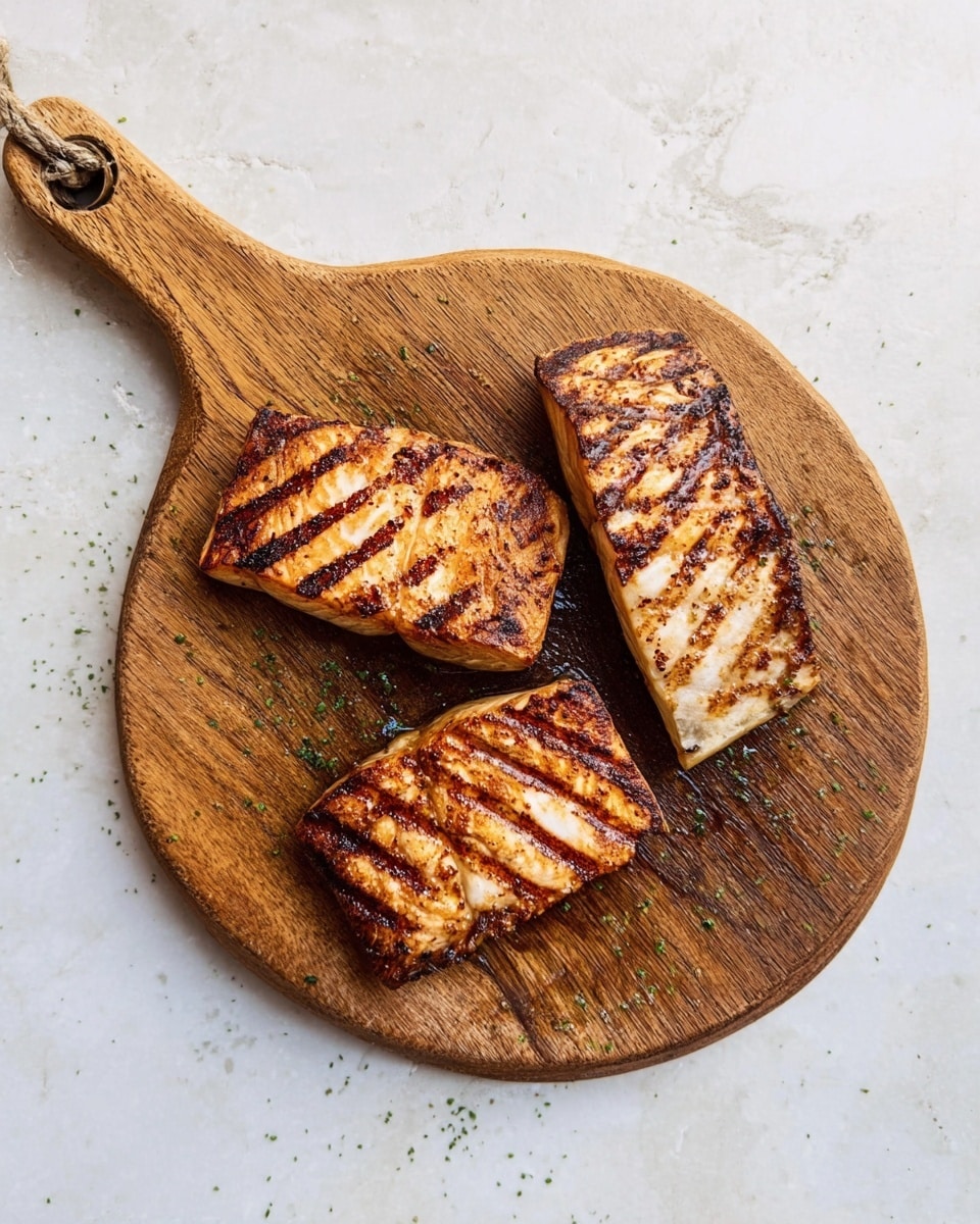 Three pieces of grilled fish are placed on a round wooden board with a handle. The fish pieces have dark brown grill marks running diagonally across the golden-brown surface. The grilled fish looks slightly crispy on the edges with a soft texture inside. The wooden board shows some scratches and small green herb bits. The board is set on a white marbled texture background. photo taken with an iphone --ar 4:5 --v 7