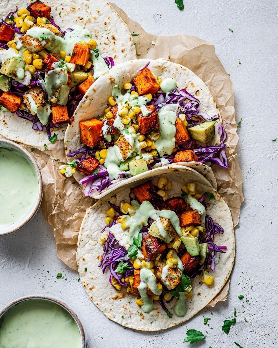 Several soft white tortillas lie flat on a white marbled surface, each topped with a colorful mix of ingredients. Starting with a base of green leafy herbs and thin purple cabbage strands, layered with bright orange chunks of roasted vegetables and charred yellow corn pieces. Over these layers, there are thick, browned pieces of grilled fish with a slightly crisp exterior. On top of everything, there is a light drizzle of creamy green sauce with hints of herbs. A white bowl with extra creamy green sauce sits near the bottom left corner of the image. Photo taken with an iphone --ar 4:5 --v 7