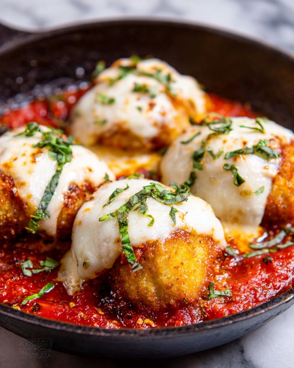 The dish shows four pieces of breaded and fried rounds that are golden brown at the bottom, placed in a shallow layer of red tomato sauce. Each piece is topped with a thick layer of melted white cheese, slightly browned on top, with small green herb leaves sprinkled evenly over the cheese and sauce. The food is served in a dark pan, and the background shows a white marbled texture. photo taken with an iphone --ar 4:5 --v 7