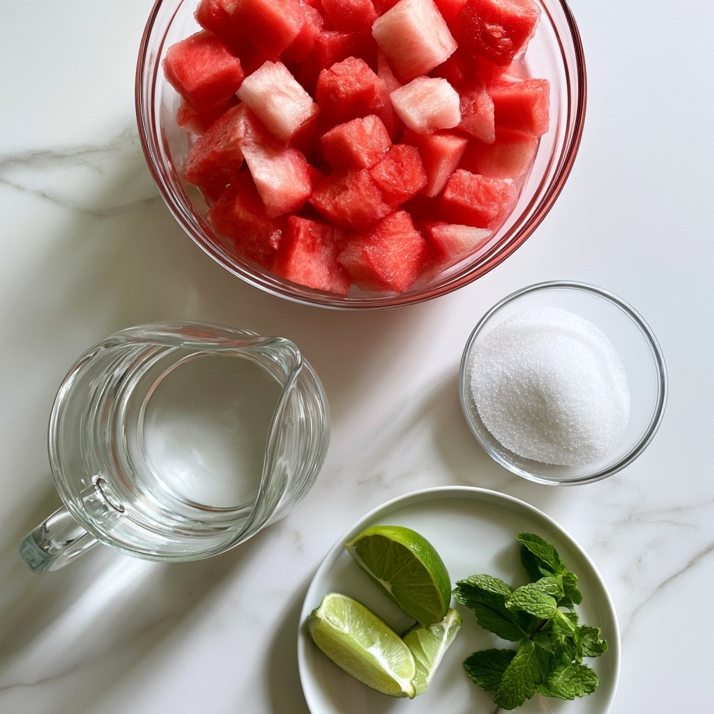 A clear glass bowl filled with bright red and light pink watermelon cubes is in the center of a white marbled surface. Below it, a transparent cup holds clear water, to its right a clear bowl is filled with white sugar. At the bottom left, a small white plate has fresh green mint leaves and three light green lime wedges arranged neatly on it. Each ingredient is separated, showing fresh, simple colors and textures in a clean setting. Photo taken with an iphone --ar 4:5 --v 7