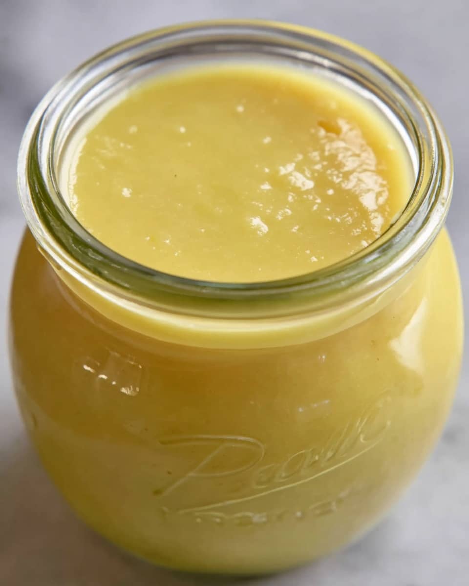 A close-up image of a clear glass jar filled with a smooth, pale yellow sauce or dressing. The sauce has a slightly thick texture and fills the jar close to the top, with a shiny surface reflecting light. The jar sits on a white marbled surface with a blurred grayish background and part of an orange object at the bottom edge of the frame. Photo taken with an iphone --ar 4:5 --v 7