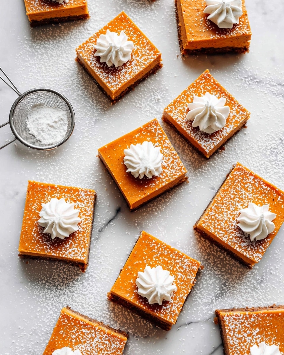 The image shows several square orange pumpkin dessert bars arranged on a white marbled surface dusted with powdered sugar. Each bar has two clear layers: a bottom crust layer in dark brown and a smooth, thick orange pumpkin layer on top. Some bars are topped with a small swirl of white whipped cream, adding a soft texture contrast, while others remain plain with just the powdered sugar. A metal sieve, lightly dusted with powdered sugar, is placed on the left side. The overall look is clean and bright, emphasizing the warm orange color of the pumpkin bars against the cool white background. Photo taken with an iphone --ar 4:5 --v 7
