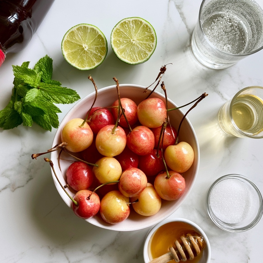 The image shows a top view of several fresh ingredients and items arranged on a white marbled surface. On the left, there is a dark glass jar with a silver lid labeled