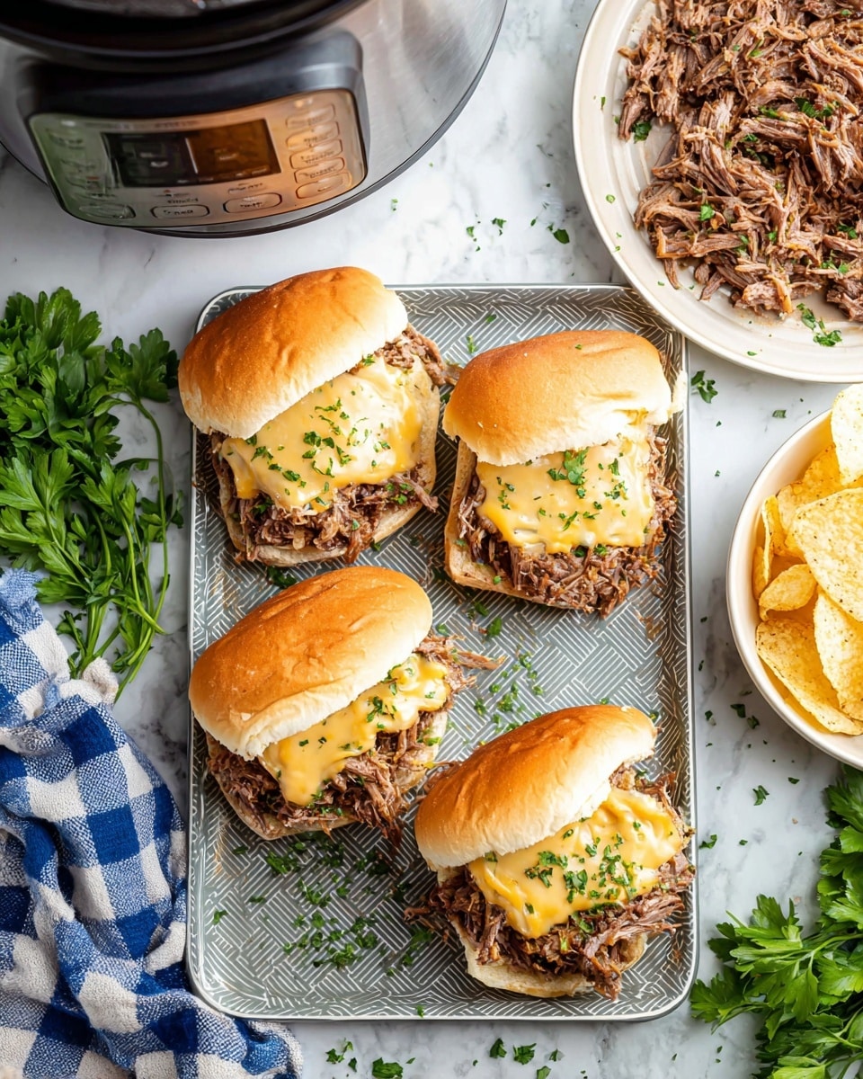 Four open-faced sandwiches sit on a gray patterned tray on a white marbled surface, each with a soft white sandwich bun base topped with shredded brown meat and a melted light yellow cheese slice sprinkled with chopped green herbs. To the top right, extra shredded meat is on a white plate, and to the right side, a white bowl filled with crisps is partially visible. A blue and white checkered cloth and some fresh green parsley add color on the left side near the tray. In the upper left corner, part of a silver pressure cooker is visible. Photo taken with an iphone --ar 4:5 --v 7