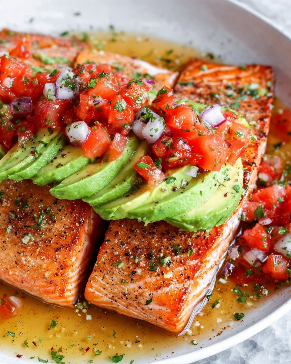 The image shows a close-up of cooked salmon fillets with a light brown grilled texture and visible black pepper seasoning on top, arranged in a white bowl with some liquid at the bottom. On top of the salmon, there are slices of a green avocado with a smooth texture, each topped with a layer of finely chopped red tomatoes, white onions, and green herbs mixed together. The dish is set on a white marbled surface. photo taken with an iphone --ar 4:5 --v 7