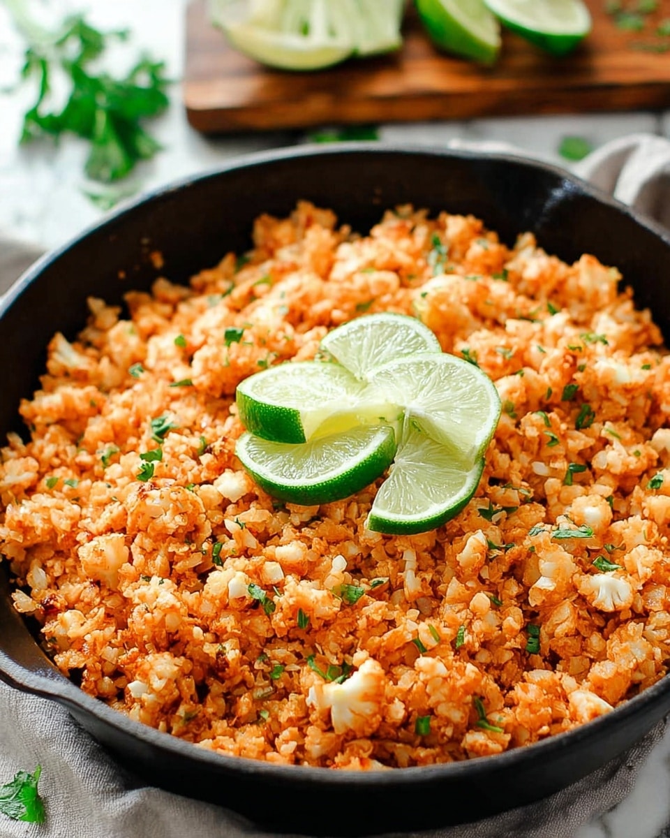 A black skillet filled with cooked orange-colored cauliflower rice mixed with small green herb bits and white cauliflower pieces, topped in the center with three lime wedges showing light green flesh and darker green rind, placed on a white marbled surface with some green herbs scattered around and a blurred wooden board with lime wedges in the background, photo taken with an iphone --ar 4:5 --v 7