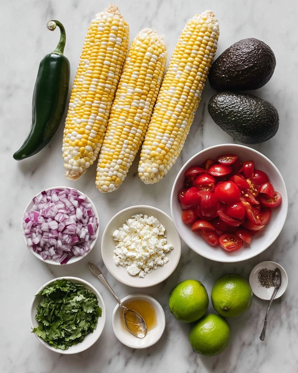The image shows four ears of yellow and white corn arranged diagonally on a white marbled surface in the top left. Next to them is a single dark green poblano pepper pointing upwards. Below the pepper are two whole avocados with dark green, bumpy skin. On the right side, there is a white bowl filled with red cherry tomato halves. At the bottom center, a series of small white bowls hold finely chopped red onions, crumbled white cheese, and chopped fresh green cilantro. To the bottom right, three whole bright green limes are placed next to the bowls. There are two silver spoons with minced garlic and golden honey near the onions and cheese. A small white dish with salt and black pepper completes the setup, all on the white marbled surface. photo taken with an iphone --ar 4:5 --v 7