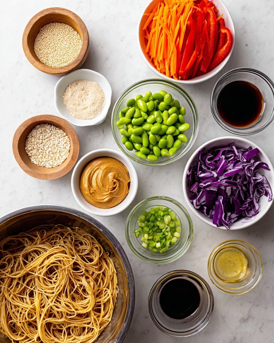 The image shows various small bowls of ingredients arranged on a white marbled surface. Starting from the bottom left is a large metal bowl filled with light brown cooked noodles. Moving right, there is a white bowl with thin orange carrot strips, next to it a small clear glass bowl with chopped green onions. Above that is a white bowl with bright green edamame beans. To the right, a white bowl with red bell pepper strips and above it a white bowl with purple cabbage strips. At the top left, a small wooden bowl holds light beige powders, next to it another wooden bowl filled with white sesame seeds. A white bowl with a dollop of peanut butter is next to those, and below it a small clear glass bowl with a light yellow liquid and seeds. To the right, a small jar has dark soy sauce, and a clear glass bowl with light brown sugar is next to it. Photo taken with an iphone --ar 4:5 --v 7