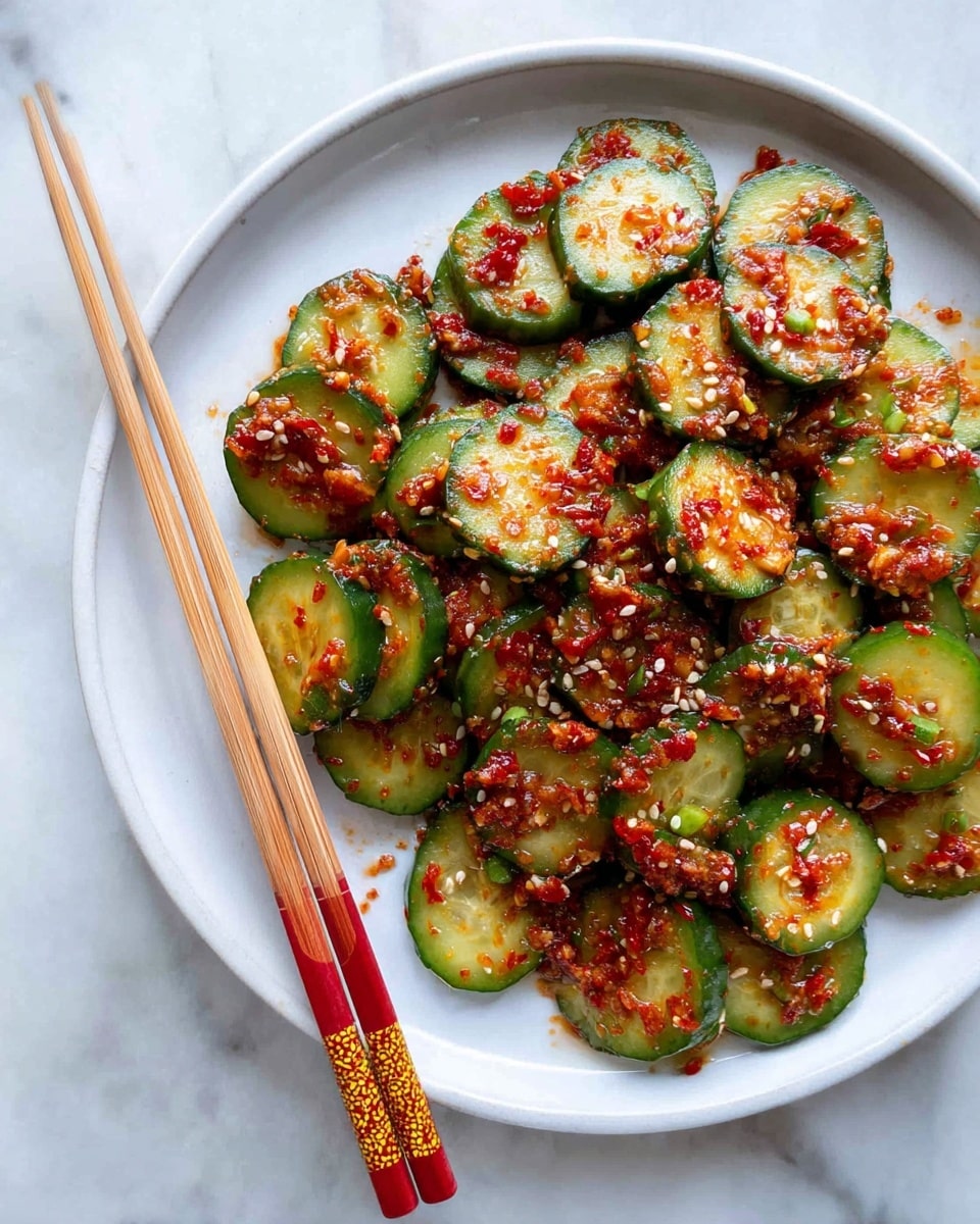 A white plate holds many round cucumber slices arranged in a loose pile. Each cucumber slice has bright green skin and a light green center, coated in a chunky, red chili sauce mixed with sesame seeds and small bits of green onion. The sauce is thickly spread unevenly on each slice, giving a textured, spicy look. Two light brown bamboo chopsticks with red and yellow bands near the ends rest on the left side of the plate. The plate is set on a white marbled surface. photo taken with an iphone --ar 4:5 --v 7