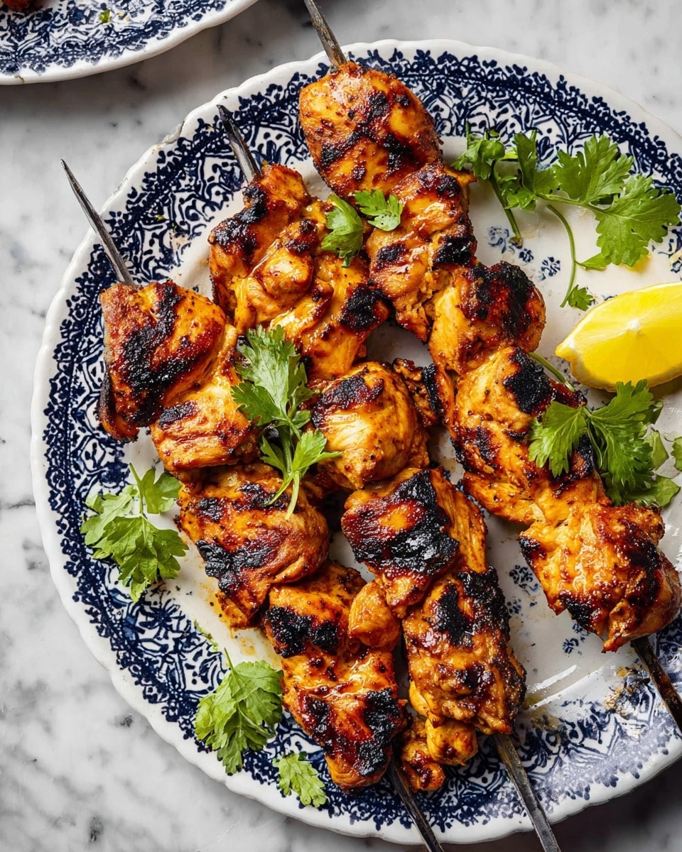 Two metal skewers hold grilled chicken pieces that are golden brown with some dark char marks, arranged on a white plate with a dark blue intricate pattern. The chicken pieces are thick and juicy, showing a mix of smooth and textured surfaces from grilling. Green cilantro leaves are scattered around the skewers, adding a fresh contrast, and a small wedge of yellow lemon sits near the edge of the plate. The plate rests on a white marbled surface, with part of another matching plate visible nearby, photo taken with an iphone --ar 4:5 --v 7