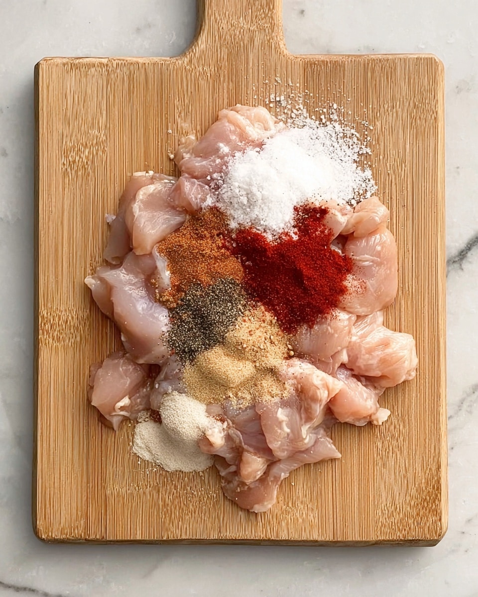 A wooden cutting board on a white marbled surface holds small pieces of raw light pink chicken spread out. On top of the chicken, there are several piles of powdered spices in different shades: white salt, reddish paprika, black pepper, brownish garlic powder, and light beige seasoning, all scattered in the center. The chicken pieces have a smooth, moist texture, and the spices create a colorful contrast against the pale meat. photo taken with an iphone --ar 4:5 --v 7