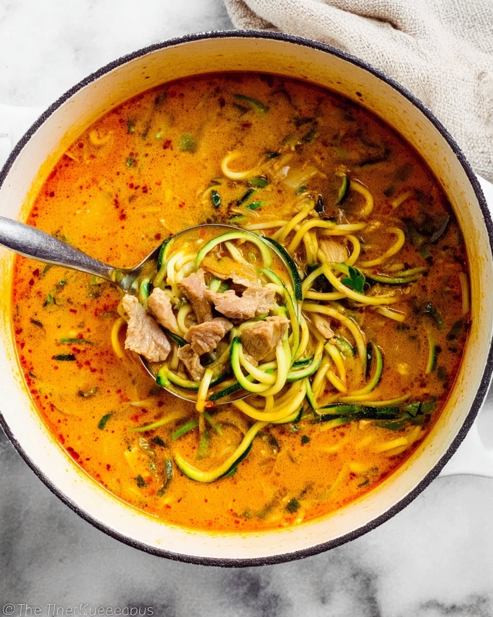The image shows a white pot filled with a creamy, orange soup with visible red pepper flakes and herbs throughout. Inside the soup, there are spiral-shaped yellow and green vegetable noodles, with chunks of light brown meat nestled among the noodles. A large silver ladle is partially submerged in the soup, lifting a portion of noodles and meat. The pot sits on a white marbled surface with a light-colored cloth partially visible in the background. The photo taken with an iphone --ar 4:5 --v 7
