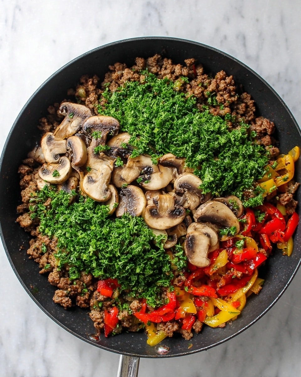 A black pan filled with three main layers: the bottom layer is made of cooked, crumbled brown ground meat mixed with pieces of red and yellow bell peppers; the middle layer is sliced, cooked mushrooms with a slightly golden surface; the top layer is a generous amount of finely chopped fresh green herbs scattered evenly across the dish. The pan sits on a white marbled surface with part of its silver handle visible. photo taken with an iphone --ar 4:5 --v 7