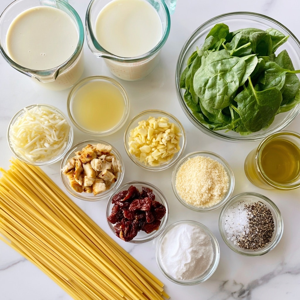 The image shows an arrangement of clear glass bowls and measuring cups on a white marbled surface, each containing different cooking ingredients. In the center is a bowl filled with small pieces of cooked chicken, surrounded by smaller bowls with shredded mozzarella cheese, chopped sun-dried tomatoes, minced garlic, cornstarch, salt and pepper, parmesan cheese, and fresh spinach leaves. Two measuring cups contain heavy cream and milk, while a smaller cup holds olive oil. A bundle of dry linguini pasta is spread diagonally at the bottom left. Each ingredient is clearly labeled with bold black text on white rectangles placed above or near the bowls. The setup is clean and organized, reflecting the preparation for a creamy chicken pasta dish. photo taken with an iphone --ar 4:5 --v 7