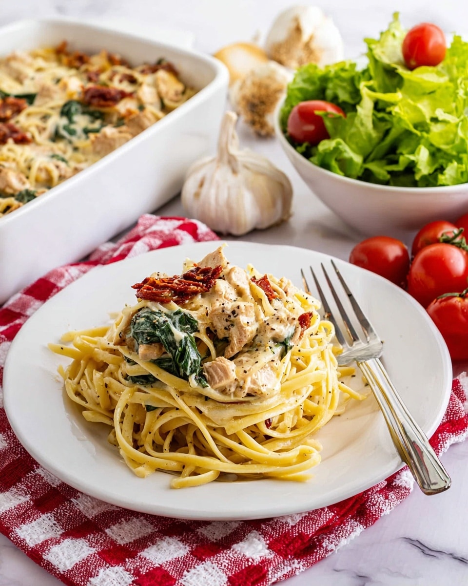 A large white pan filled with creamy pasta that has three main layers: a base of creamy pale yellow sauce, thick yellow noodles mixed with vibrant green spinach leaves scattered throughout, and topped with chunks of cooked white meat pieces evenly spread. A wooden spoon with some sauce on it rests inside the pan. The pan is placed on a white marbled surface with part of a white bowl containing shredded cheese visible in the corner; photo taken with an iphone --ar 4:5 --v 7