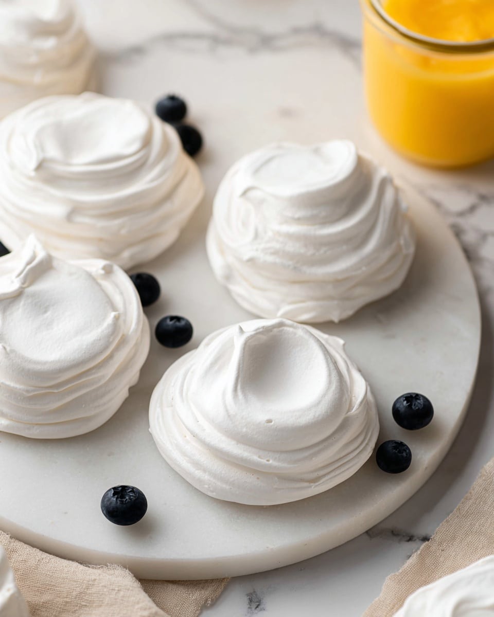 The image shows several small white meringue nests placed on a round white marble board. Each nest has a smooth, swirled texture with a hollow center. The meringues have crisp edges with a soft, matte finish. Scattered around the nests are a few small dark blue blueberries, adding contrast to the white meringues and marble. In the upper right corner, there is a glass jar filled with a bright orange-yellow sauce, adding a warm pop of color to the scene. The background is a white marbled surface, creating a clean and simple setting. Photo taken with an iphone --ar 4:5 --v 7