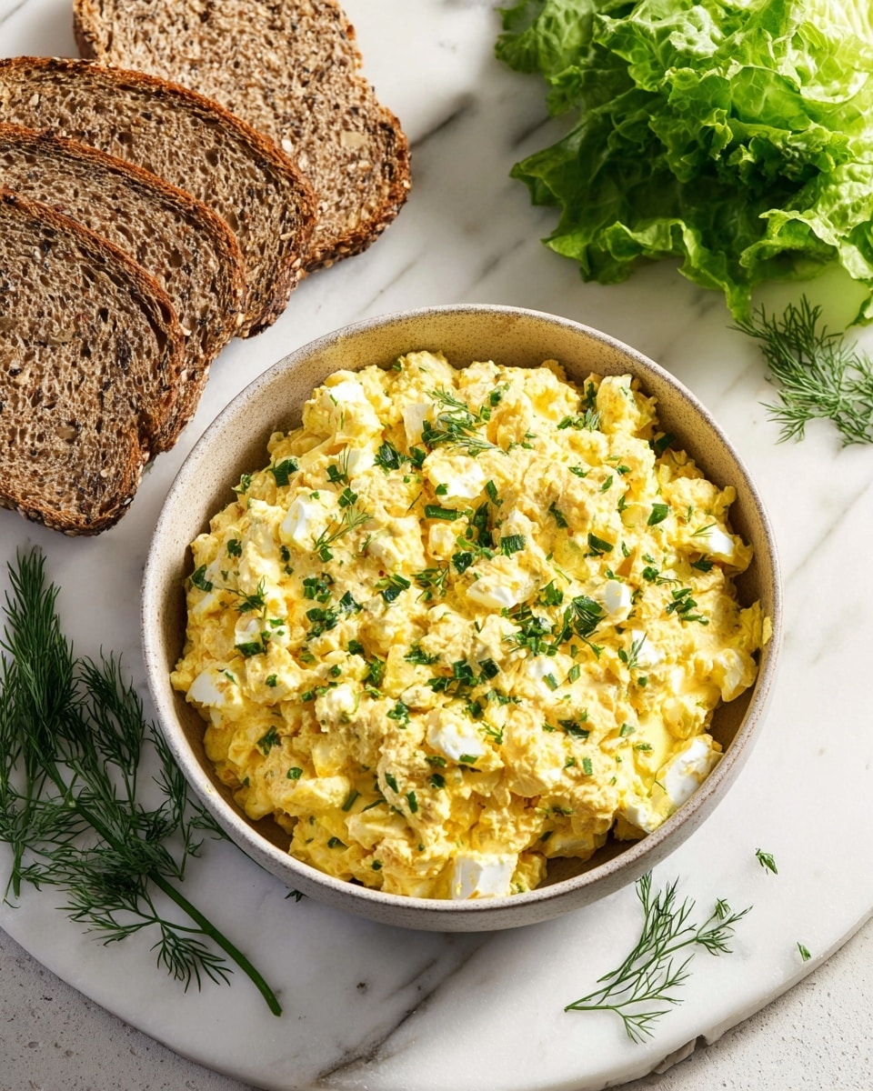 A bowl filled with creamy yellow egg salad mixed with white chunks and sprinkled with chopped green herbs sits on a white marbled surface. To the left, there are three slices of multigrain bread showing a textured, grainy crust and open crumb structure. Above the bowl, there is a small bunch of fresh green leafy lettuce with slightly curled edges. Some sprigs of fresh dill are scattered on the white marbled surface around the bowl. The bright natural light highlights the freshness and texture of the food. photo taken with an iphone --ar 4:5 --v 7