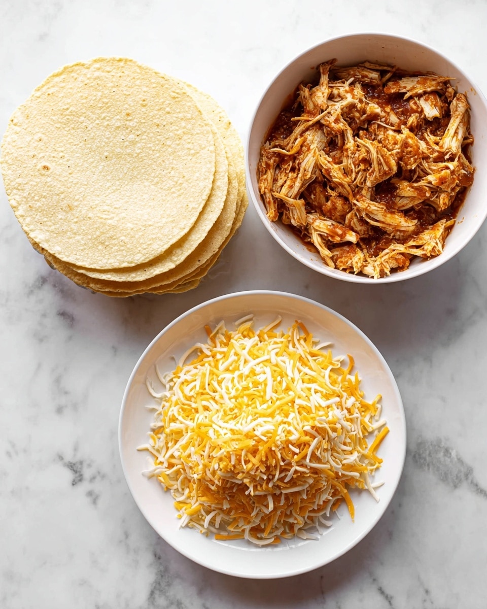 There are three white dishes on a white marbled surface. On the top left is a stack of soft, pale yellow corn tortillas with a slightly rough texture. To the right, a white bowl holds shredded chicken covered in a reddish-brown sauce, showing some juicy and tender meat strands. Below them, a white plate is filled with a mound of shredded yellow and white cheese, thin and curly, with a mix of cheddar and mozzarella colors. Photo taken with an iphone --ar 4:5 --v 7