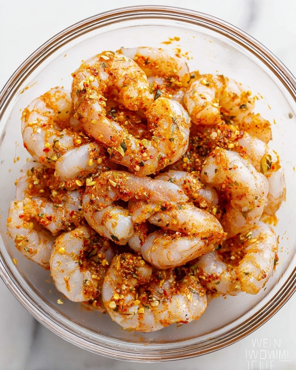 A clear glass bowl filled with many raw shrimp, each shrimp covered in a layer of orange-red spice mix with small bits of herbs and seasoning visible. The shrimp are pale with white and light gray tones beneath the spice coating. The bowl sits on a white marbled surface, and the overall look is fresh and vibrant with the spices spread evenly over the shrimp. photo taken with an iphone --ar 4:5 --v 7