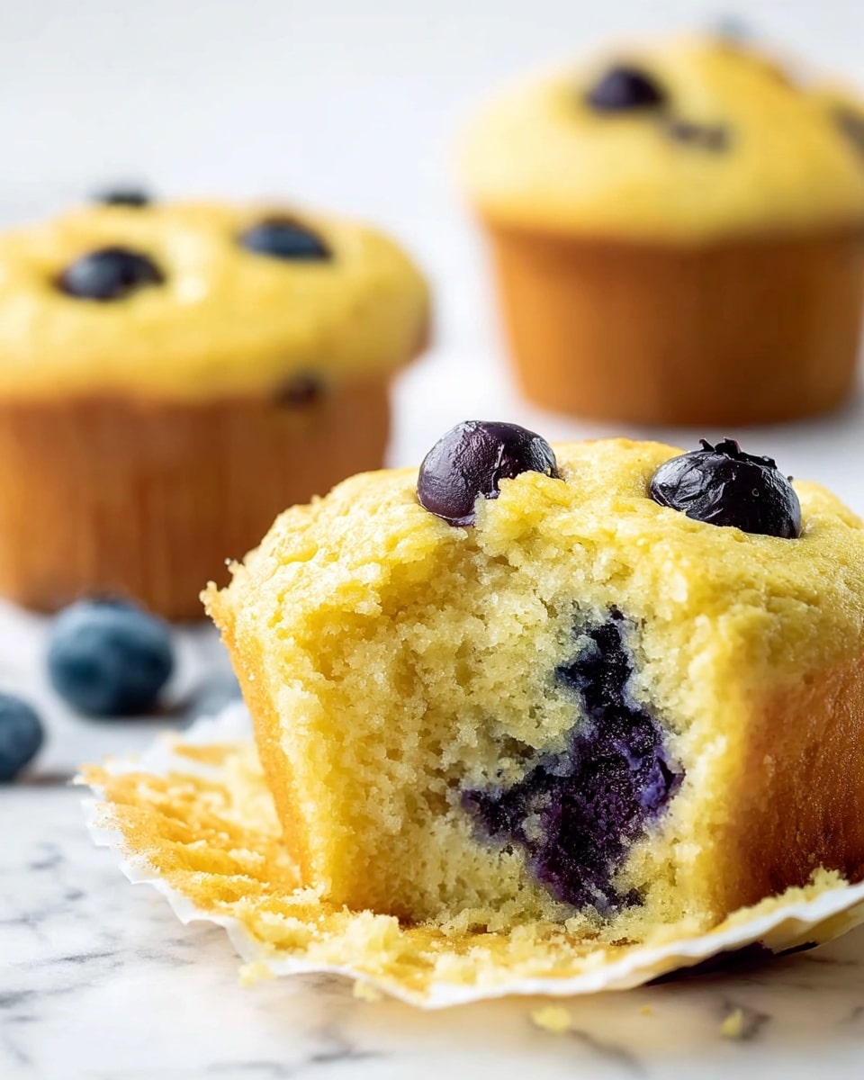 The image shows a close-up of a golden-yellow blueberry muffin with a soft, crumbly texture and a few whole blueberries visible on the top and inside. The muffin's paper liner is pulled down slightly, showing its light, moist interior speckled with dark blue berries. In the background, two more similar muffins are slightly out of focus, all set on a white marbled surface with a few loose blueberries scattered around. Photo taken with an iphone --ar 4:5 --v 7