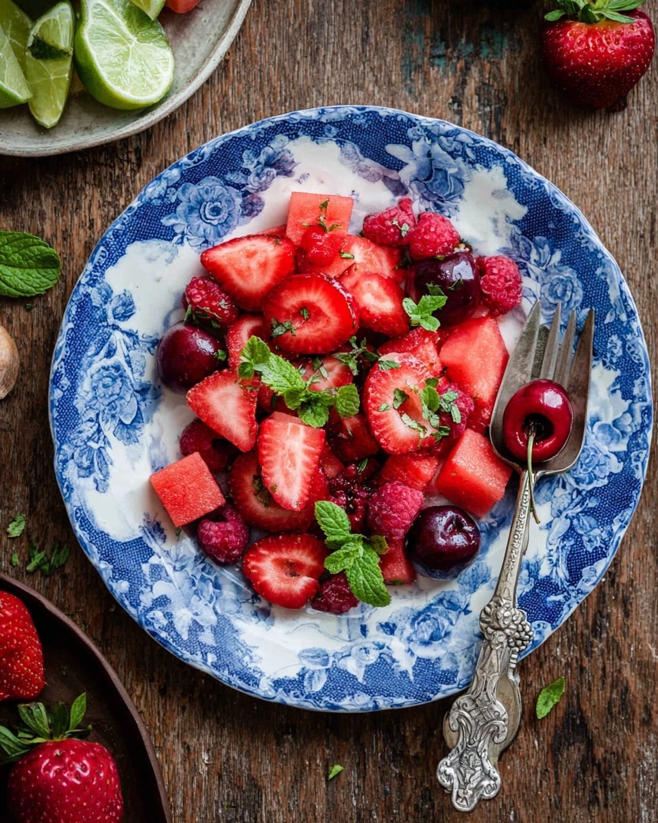 A vibrant fruit salad on a decorative white plate with a blue floral pattern, showing multiple layers of red and pink hues. The bottom layer has chunks of light pink watermelon scattered across the plate. On top, there are sliced strawberries with bright red insides, halved cherries with shiny dark red skins, and small red raspberries mixed in. Fresh green mint leaves are sprinkled over the fruit, adding a splash of green. A silver fork with an ornate handle lies on the right side of the plate, holding a halved cherry. The plate is placed on a rustic wooden surface with some lime wedges and half a strawberry nearby, creating a natural and fresh setting. Photo taken with an iphone --ar 4:5 --v 7
