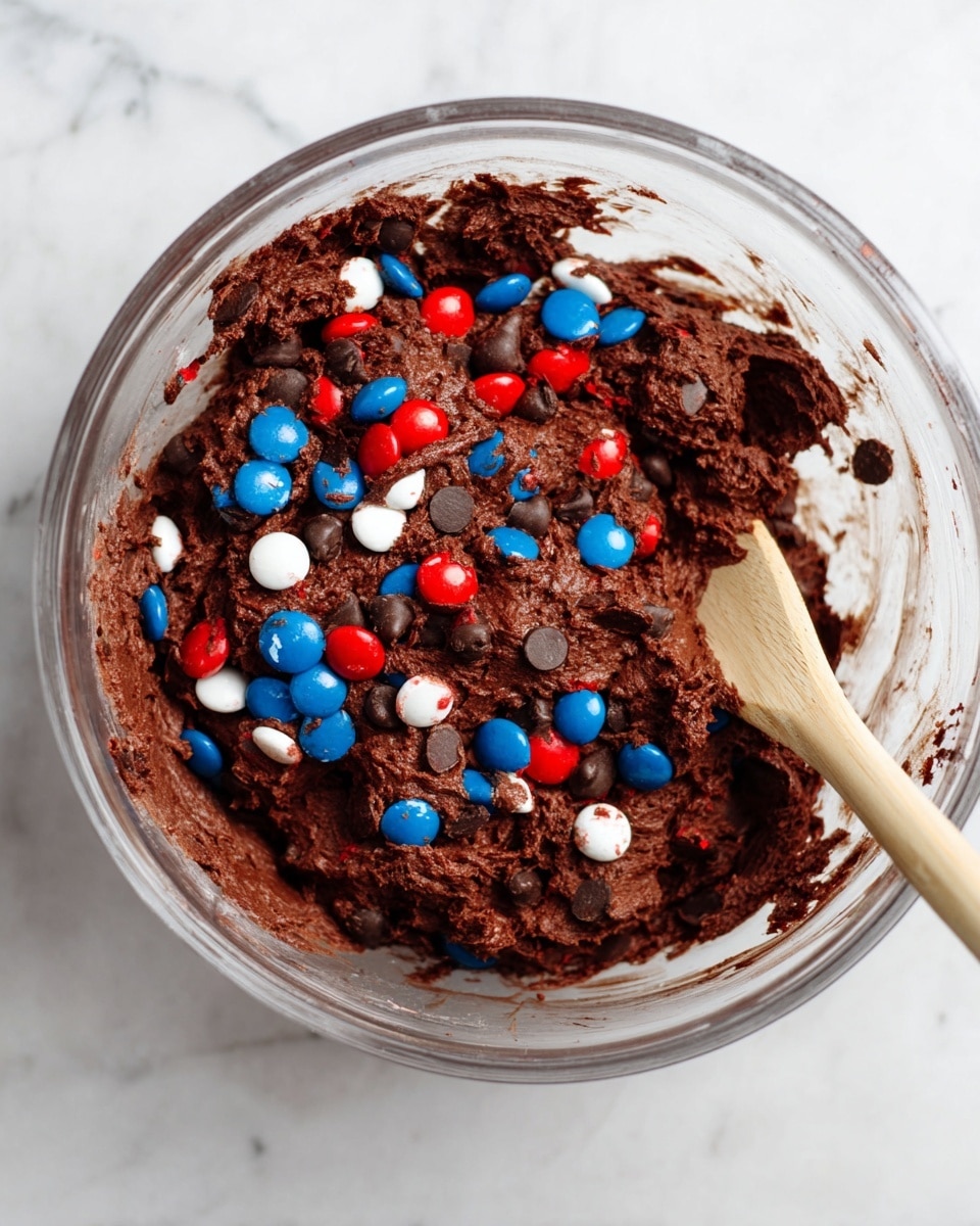 A clear glass bowl holds thick, dark brown chocolate dough mixed with red, blue, and white candy-coated chocolates and small dark chocolate chips evenly spread throughout. A wooden spoon is partially immersed on the right side of the bowl, coated with the same dough. The bowl sits on a white marbled surface. photo taken with an iphone --ar 4:5 --v 7