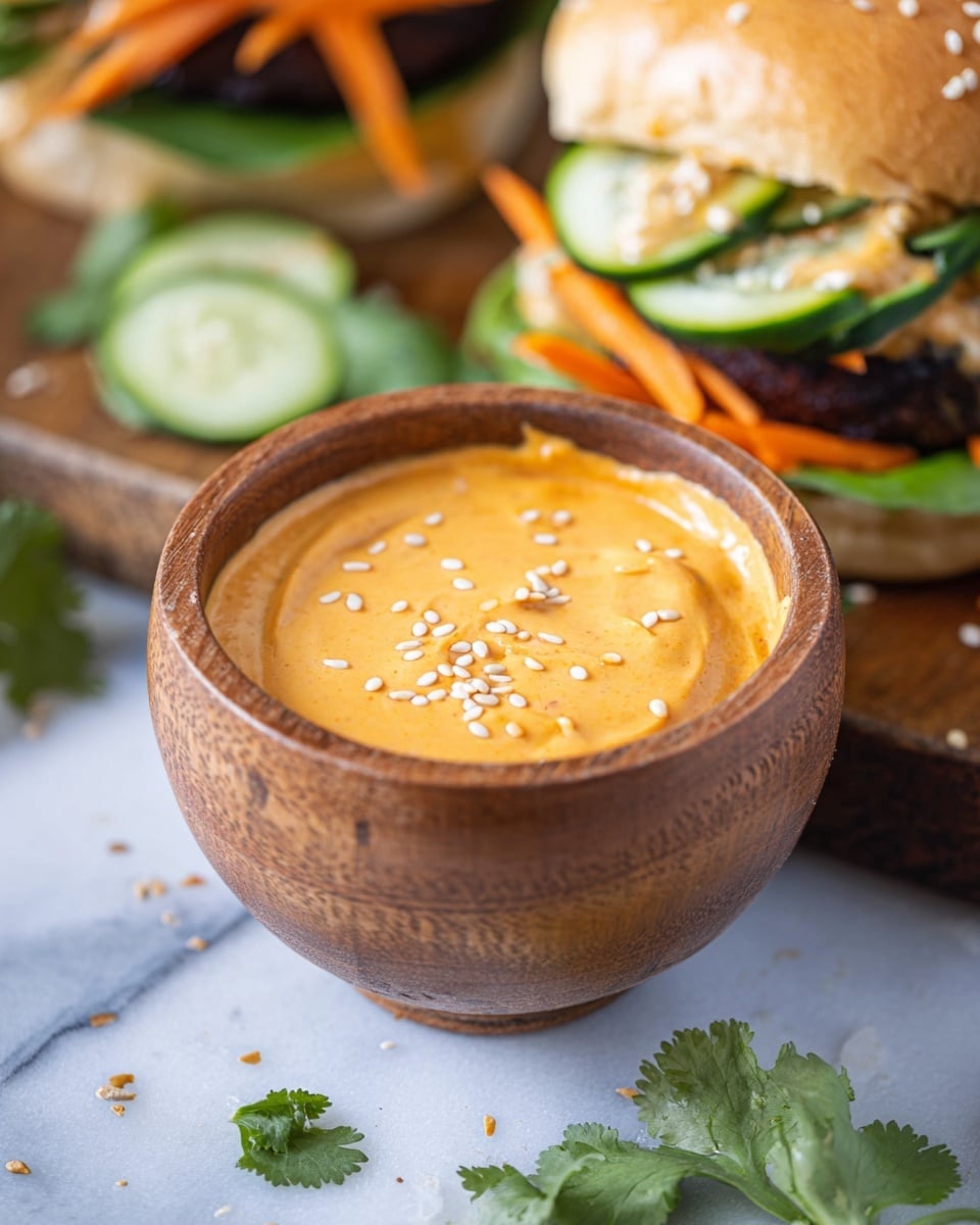 A small wooden bowl filled with thick, creamy orange sauce, topped with scattered white sesame seeds, sits on a white marbled surface. In the background, slightly blurred, is a sandwich showing a soft, light golden bun on top, fresh green cilantro leaves, thin slices of orange carrot, green cucumber slices, and a dark brown patty with sesame seeds sprinkled on it. Some green herbs and sesame seeds are also scattered around the bowl on the white marbled surface. photo taken with an iphone --ar 4:5 --v 7