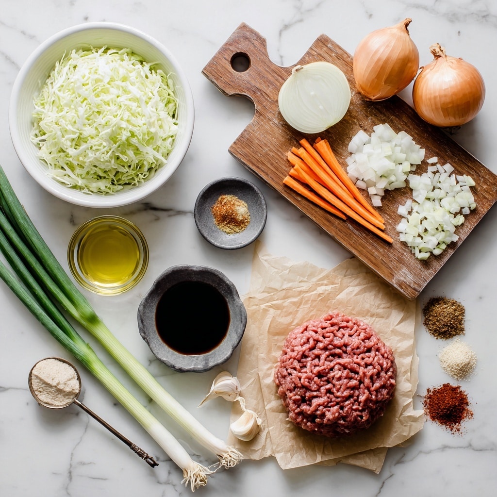 The image shows a flat lay of fresh ingredients for a dish on a white marbled surface. In the top right corner, a wooden cutting board holds a whole light brown onion, chopped white onion pieces, and thin orange carrot sticks, with a small whole carrot beside it. Below this, three whole green onions lie diagonally across the surface. To the left, a large white bowl is filled with a pale green coleslaw mix, finely shredded and fluffy in texture. Below the bowl, a small glass container holds light yellow vegetable oil beside a tiny dark glass container of sesame oil. Next to these is a jug filled with dark low-sodium soy sauce. At the center-bottom, raw ground beef with a textured pattern sits on crumpled brown parchment paper. To the right of the beef, various powdered spices including light beige garlic powder, darker ground ginger, and onion powder, along with red pepper flakes and minced garlic, are arranged neatly on a small dark marble plate and a measuring spoon. Each ingredient is labeled in bold black text with clear measurements. The whole setup is clean and brightly lit. Photo taken with an iphone --ar 4:5 --v 7