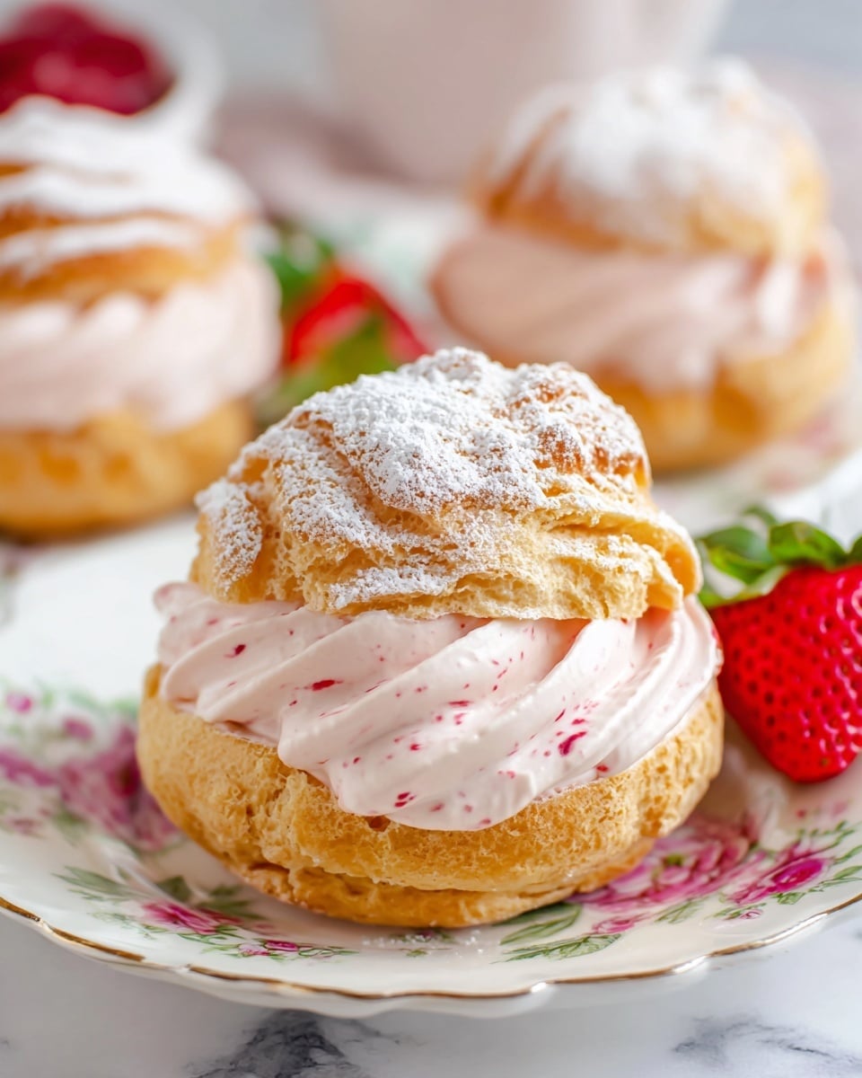 The image shows a close-up of a round cream puff on a white plate with a floral edge. The puff has two layers: a top shell with a golden brown color, crumbly texture, and a light dusting of powdered sugar, and a thick bottom shell holding a large, creamy filling. The filling is pale pink with visible red specks, softly piped in waves between the shells. In the background, more cream puffs and a bright red strawberry with green leaves are slightly out of focus, resting on the same plate placed on a white marbled surface. photo taken with an iphone --ar 4:5 --v 7