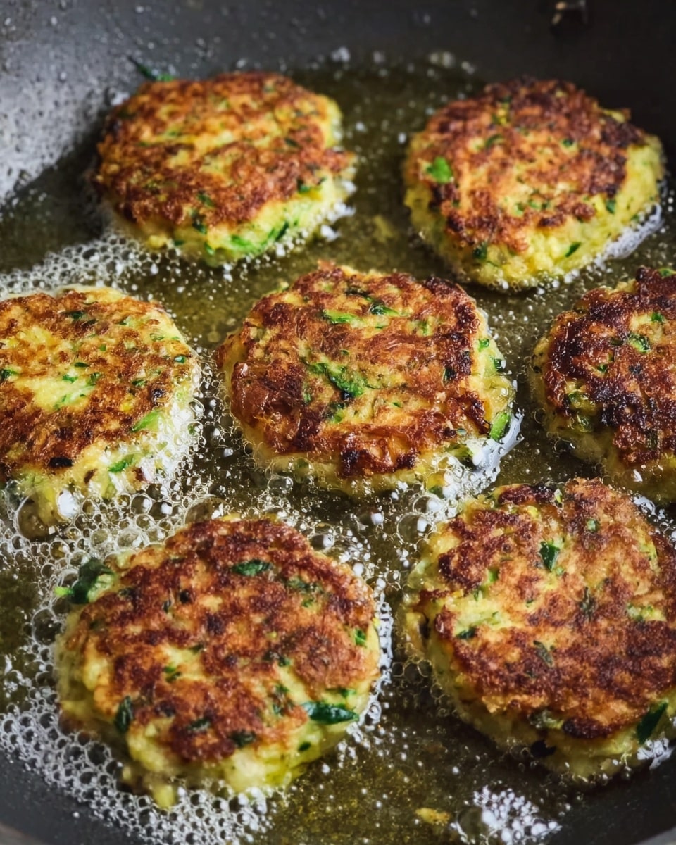 There are six golden brown patties frying in a pan with bubbling oil around them. Each patty is round with a rough, uneven texture, speckled with green pieces, likely herbs or vegetables, and some light yellow areas, suggesting a mixture of ingredients. The patties have crispy edges and a slightly charred look on top, contrasting with the softer, greener inside. The pan's surface is dark and non-stick, with oil shimmering and creating small bubbles around the patties. photo taken with an iphone --ar 4:5 --v 7
