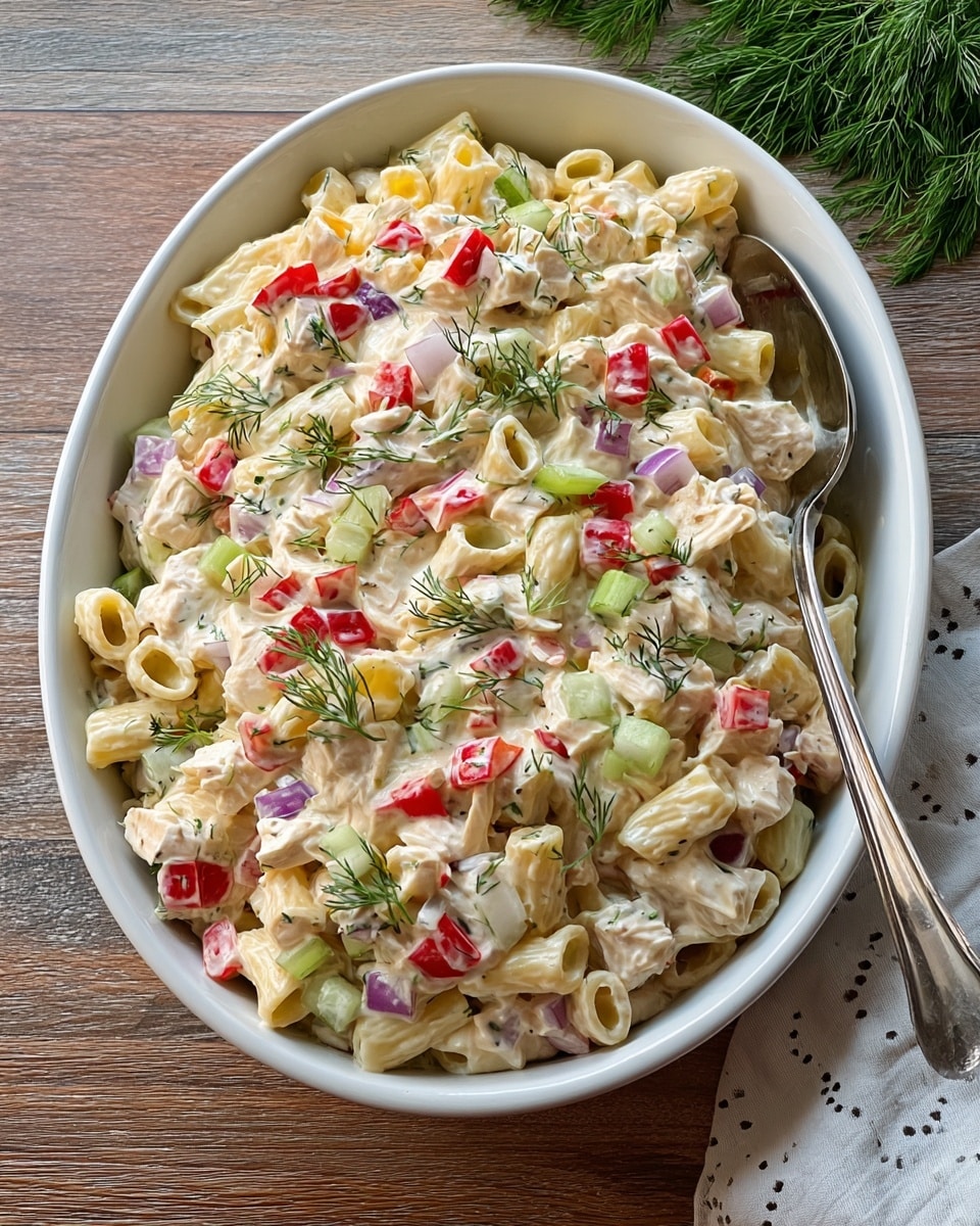 A close-up top view of a large white bowl filled with pasta salad featuring short tube-shaped pasta mixed with creamy white dressing. Visible layers include light beige pasta, small pieces of chopped green celery, bright red bell pepper chunks, and slivers of purple onion, all coated evenly in the creamy dressing. There are also small green herb sprigs scattered lightly throughout. A white plastic spatula with some dressing on it rests inside the bowl against the side on a white marbled surface. photo taken with an iphone --ar 4:5 --v 7
