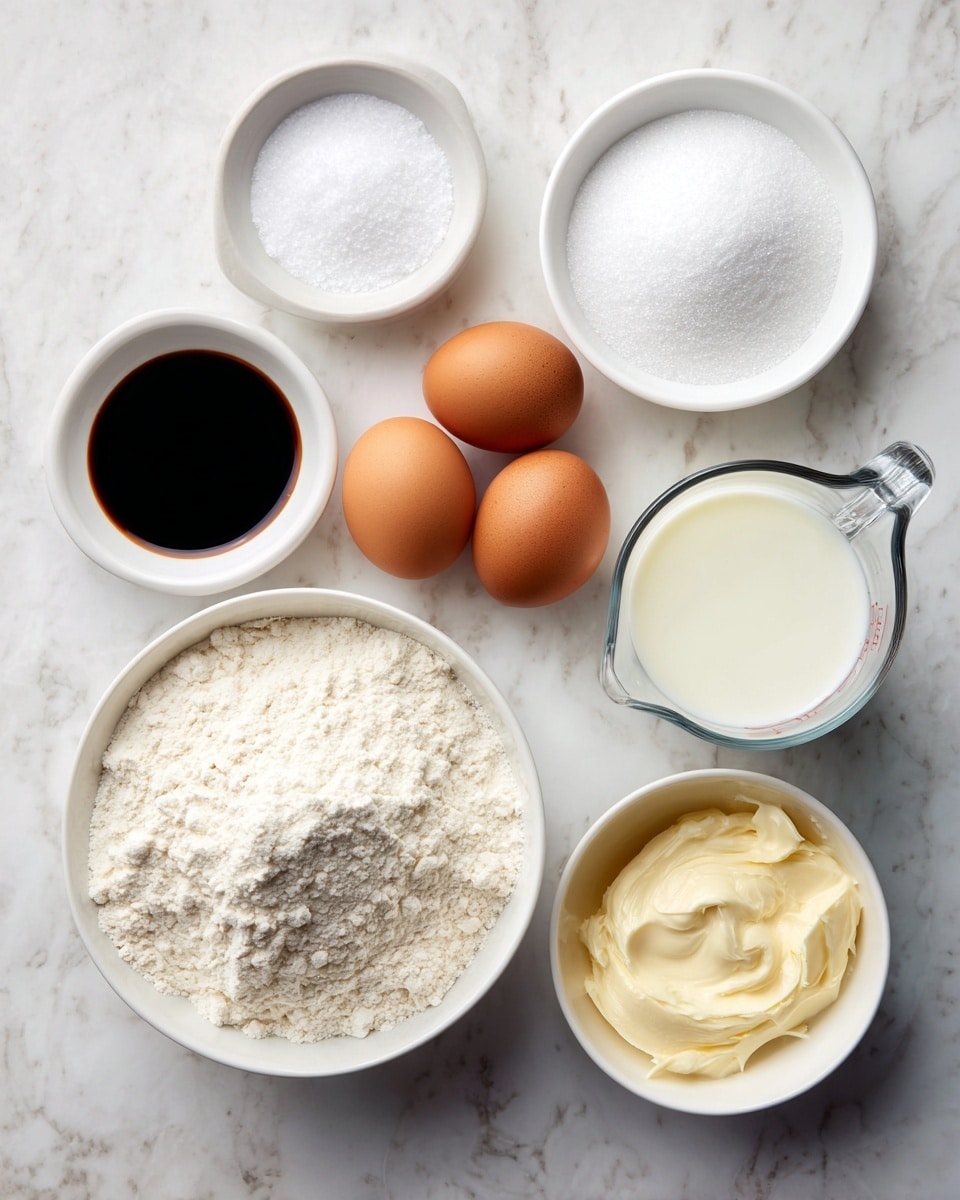 The image shows baking ingredients neatly arranged on a white marbled surface. There are four brown eggs placed in the center. To the top left, a small white bowl filled with salt is visible. Next to it on the right, another white bowl contains white sugar. A small white bowl with dark vanilla extract is below the salt. On the bottom left, a large white bowl is filled with flour. To the bottom right, a white bowl holds melted butter with a slightly yellow tint. On the top right, a clear glass measuring cup is filled with milk, appearing creamy white. Each ingredient is labeled in black text nearby. Photo taken with an iphone --ar 4:5 --v 7