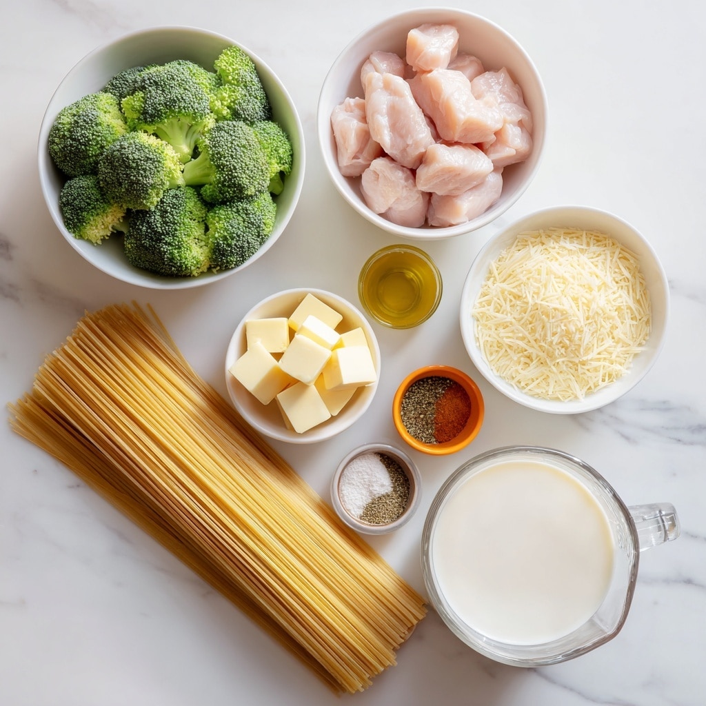 The image shows several ingredients for cooking, placed on a white marbled surface. There are seven main items: a white bowl filled with bright green broccoli florets, another white bowl with light pink raw chicken pieces, a small white bowl with four cubes of pale yellow butter, a white bowl heaped with finely grated light yellow parmesan cheese, a clear small glass with golden olive oil, a small round orange dish holding various powdered spices in shades of brown, tan, black, and white, and a glass measuring cup filled with thick white heavy cream. A long bundle of uncooked pale yellow fettuccine pasta lays across the center, stretching through these bowls. Everything is neatly arranged and well lit. Photo taken with an iphone --ar 4:5 --v 7
