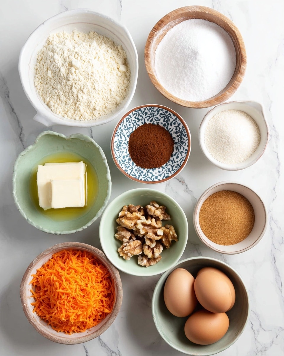 The image shows a collection of cooking ingredients arranged neatly on a white marbled surface. There are ten bowls in total: a white bowl with a crumbly almond flour texture, another white bowl filled with white sugar, a third white bowl with white baking powder, and a small white dish containing brown cinnamon powder. An olive-green bowl holds soft cream cheese slices; an orange and blue patterned small bowl contains chopped walnuts. A light green bowl has a small amount of clear vanilla extract, while a beige wooden bowl is filled with light brown sugar. A grayish green bowl contains melted butter with a small solid piece on top. Two brown eggs sit directly on the surface beside the bowls. A white bowl holds bright orange grated carrots. Photo taken with an iphone --ar 4:5 --v 7