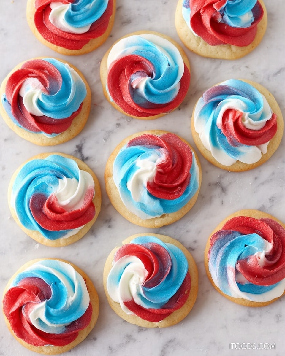 There are eleven round cookies spread out on a white marbled surface. Each cookie has three layers of smooth swirled frosting stacked on top: red, white, and blue. The frosting has a soft, creamy texture and is piped in a circular pattern, creating a colorful twisted design on each cookie. The cookie base is a light golden color, thin and slightly soft-looking, with the vibrant frosting sitting neatly on top. photo taken with an iphone --ar 4:5 --v 7
