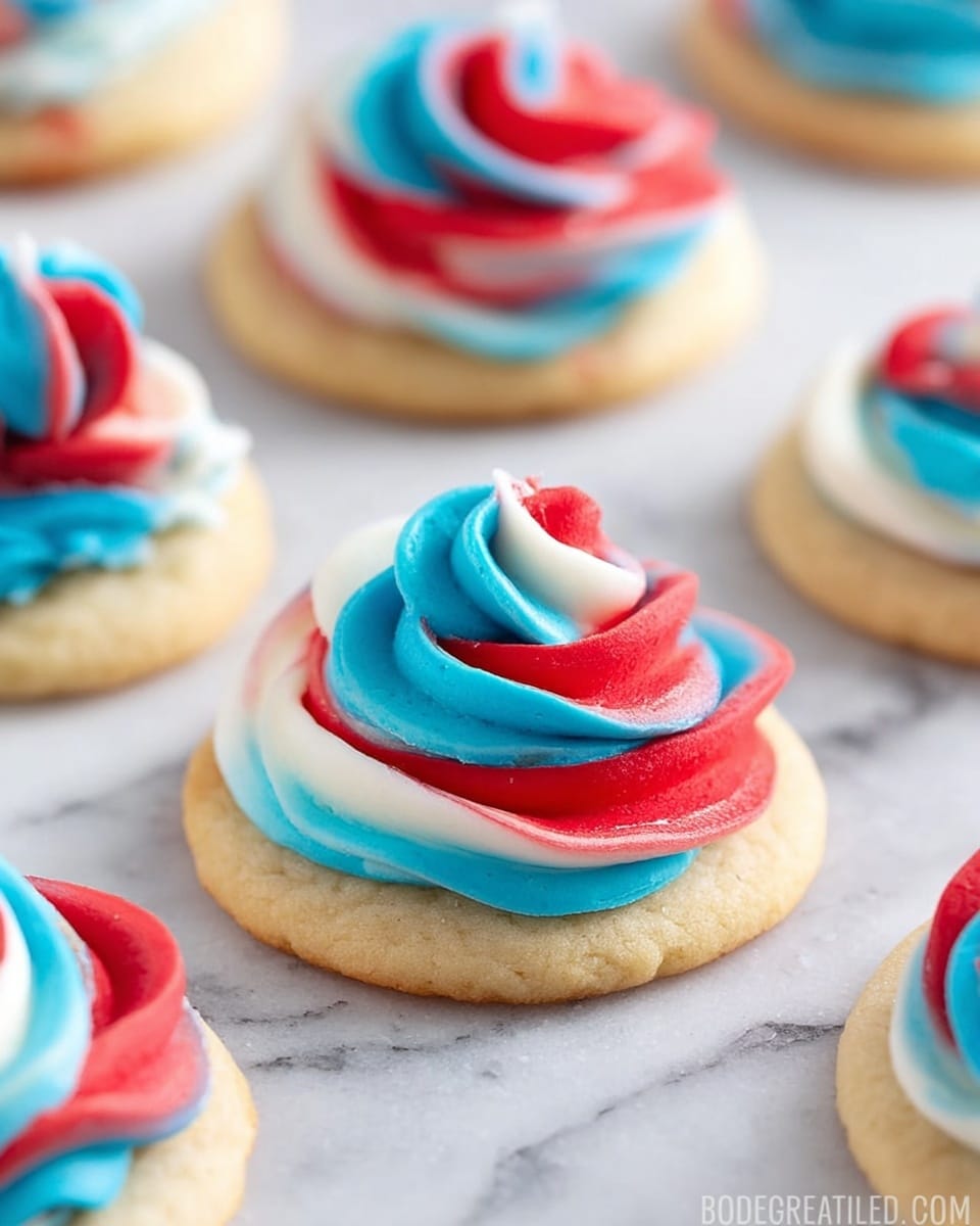 The image shows several round cookies on a white marbled surface, each topped with a swirl of frosting made in three layers. The frosting layers twist together with bright red, white, and blue colors, creating a smooth and creamy texture. The frosting swirls rise in a soft peak above each cookie, which has a light golden-brown color and smooth surface. The cookies are spread out with a focus on the one in the front, showing clear, sharp details of the frosting’s colors and texture. Photo taken with an iphone --ar 4:5 --v 7