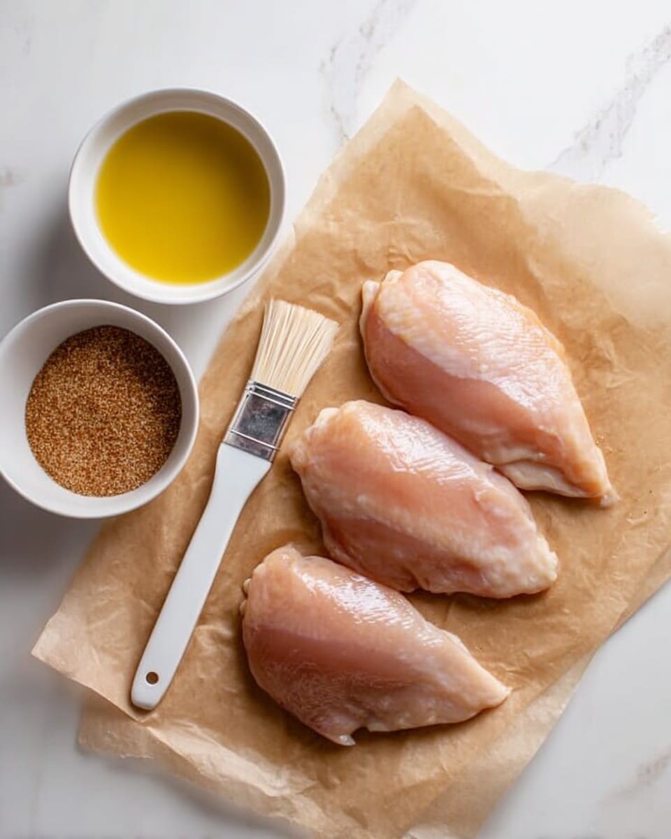 The image shows three raw chicken pieces placed side by side on a brown paper sheet with a white marbled surface underneath. To the left of the paper are two white bowls, one with a pool of yellow olive oil and the other filled with a brown spice mix. A white brush with a clear handle lies next to the bowls. The chicken pieces have a smooth, light pink texture, and the brown paper has several creases visible. The scene is bright and clean, with soft natural lighting. photo taken with an iphone --ar 4:5 --v 7
