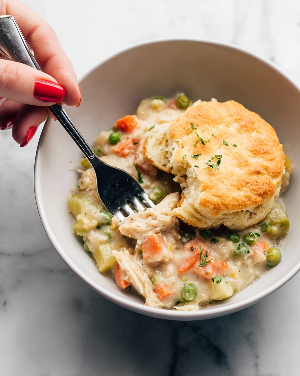 A white bowl holds a dish with two main layers: the bottom creamy layer is a mix of chunky vegetables including orange carrot slices, green peas, and celery pieces in a thick pale sauce with bits of white meat, topped with a golden-brown biscuit that is soft and crumbly with a round shape, slightly broken on one side. A woman's hand with red painted nails holds a fork digging into the biscuit. The bowl rests on a white marbled surface. photo taken with an iphone --ar 4:5 --v 7