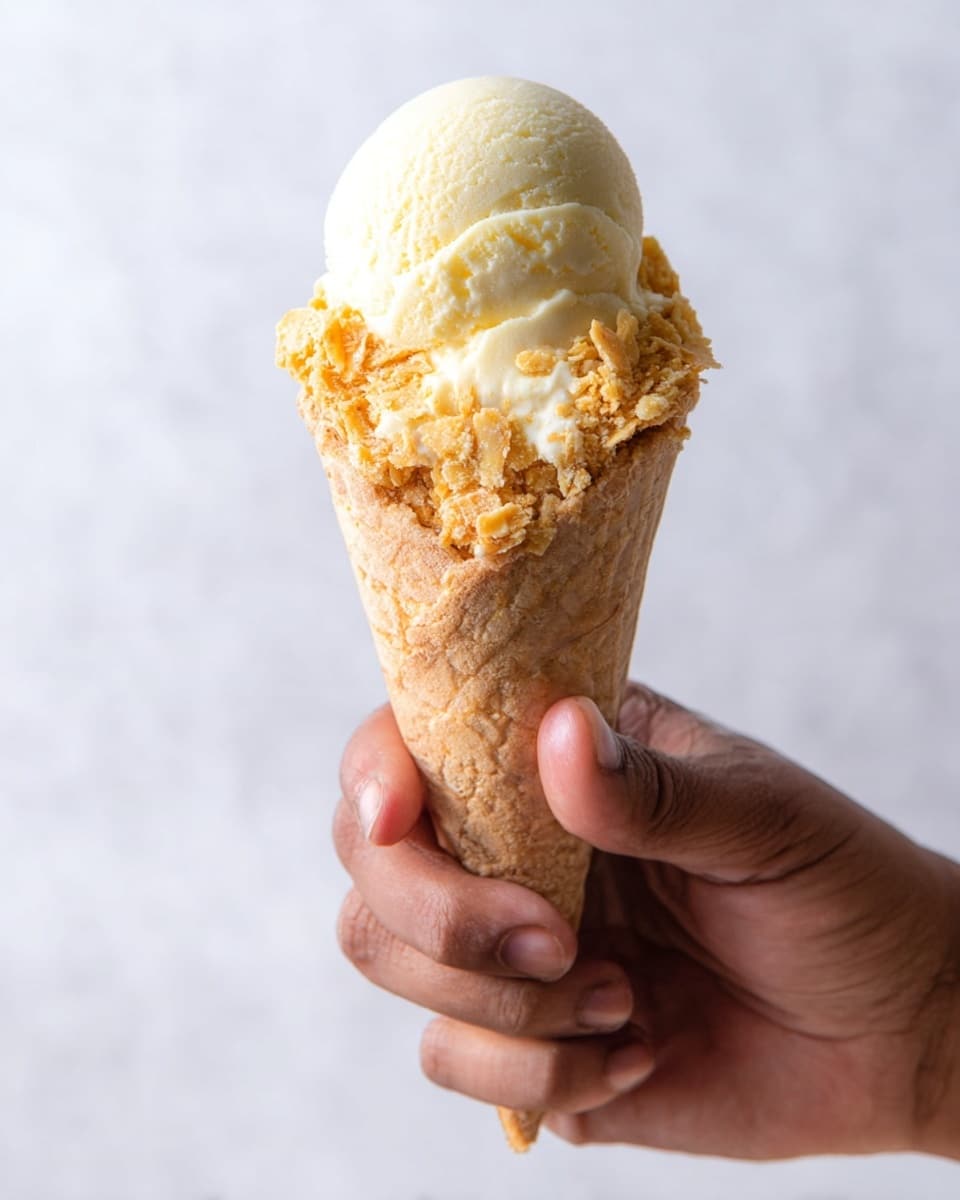 A woman's hand is holding a single scoop of pale yellow ice cream on top of a waffle cone. The ice cream scoop is smooth and round with a creamy texture. Around the top edge of the cone, there is a layer of golden brown crushed flakes adding a crunchy texture. The cone has a classic waffle pattern and is light brown in color. The background shows a white marbled texture. photo taken with an iphone --ar 4:5 --v 7