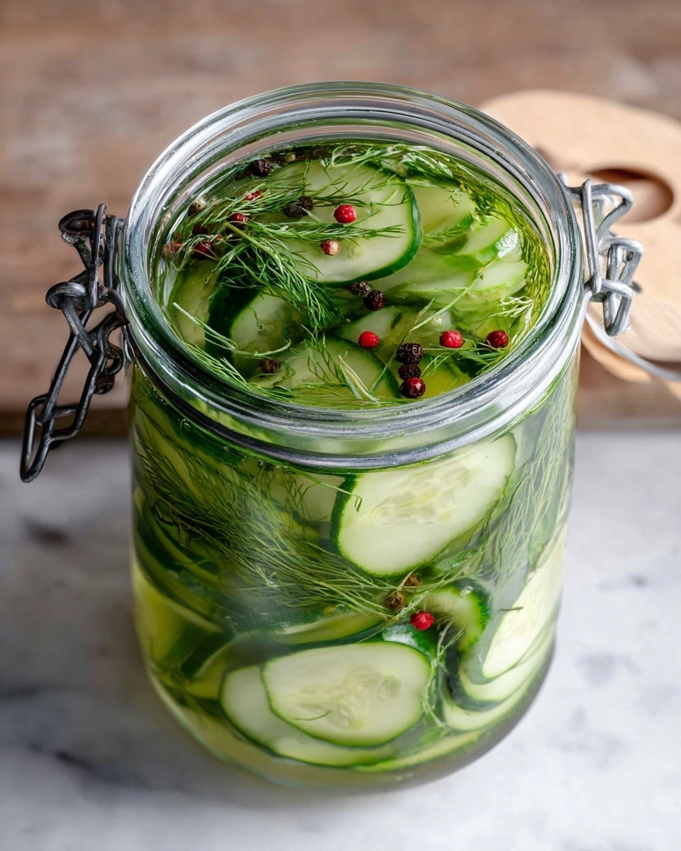 A glass jar filled with three layers of thin cucumber slices, bright green and fresh, partially submerged in clear pickling liquid. Mixed through the slices are delicate sprigs of green dill, and small round black and red peppercorns scattered evenly throughout the jar. The jar has a metal clasp closure and is set on a white marbled surface with a wooden lid placed beside it. The overall look is fresh and crisp, showing the mixture from top to bottom through the transparent jar. photo taken with an iphone --ar 4:5 --v 7