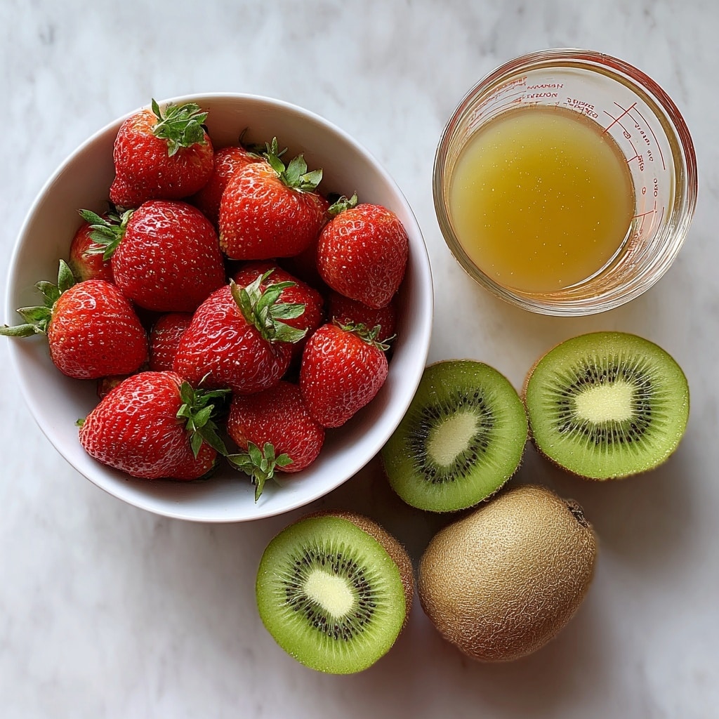 A white bowl full of bright red strawberries with green stems on the left, whole and cut kiwis showing fuzzy brown skin and green inside with black seeds on the right, and a clear glass measuring cup filled with golden-yellow strawberry-kiwi juice at the bottom center, all placed on a white marbled textured surface photo taken with an iphone --ar 4:5 --v 7