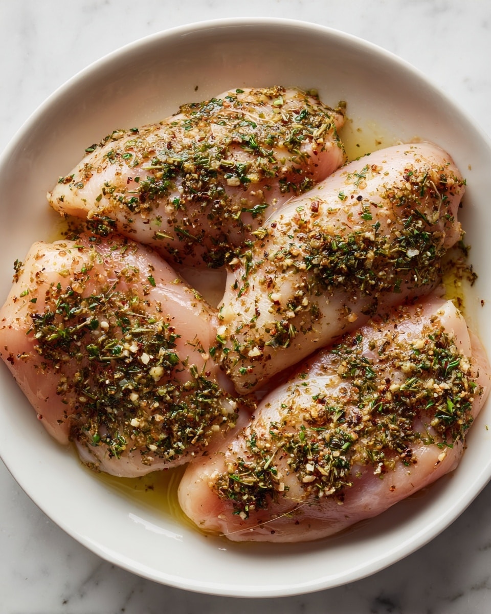 A white plate holds four raw chicken pieces, each covered with a mix of brown and green dried herbs and spices, glistening with a light coating of olive oil. The chicken pieces are light pink with a smooth texture, arranged close together and slightly overlapping. The white marbled surface beneath the plate adds a clean and bright background. Photo taken with an iphone --ar 4:5 --v 7