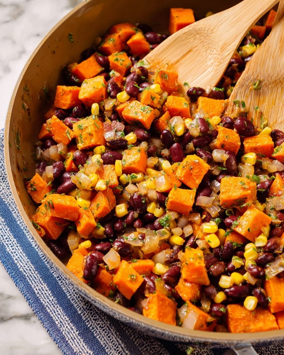A close-up view of a cooked mix of bright orange sweet potato cubes, deep purple-black beans, yellow corn kernels, and translucent chopped onions all stirred together in a light brown pan. The mix is sprinkled with small bits of green herbs, adding a fresh touch on top. Two wooden spatulas rest on the pan’s edge, stirring the colorful vegetable mix. The background shows a white marbled surface with a blue and white striped cloth underneath the pan. Photo taken with an iphone --ar 4:5 --v 7