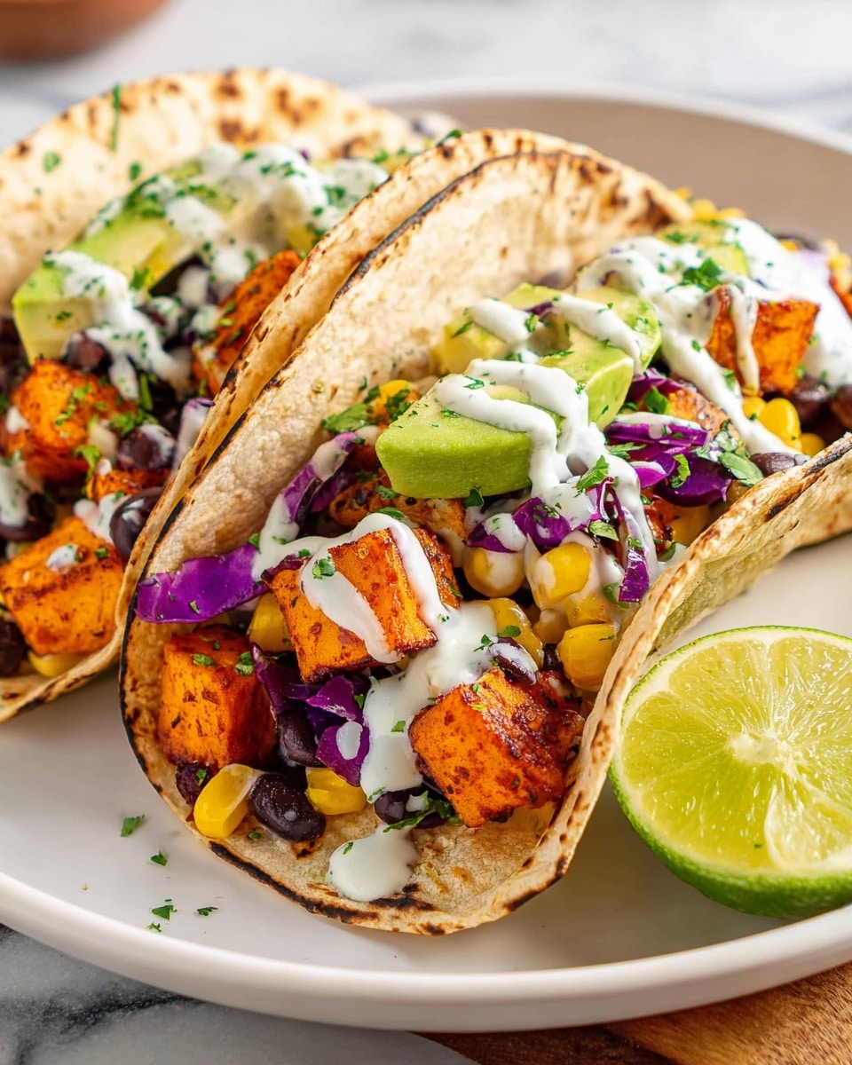 Three small tortillas with light brown spots from grilling are arranged on a white plate over a white marbled surface. Each tortilla is topped with a first layer of cooked black beans, orange cubes of roasted sweet potato, and some pieces of yellow corn. On top of this is a layer of thin purple cabbage slices, followed by small green avocado chunks. The top layer has white sauce drizzled unevenly and sprinkled with chopped green herbs. The tacos are slightly overlapped in a loose triangle shape. Photo taken with an iphone --ar 4:5 --v 7