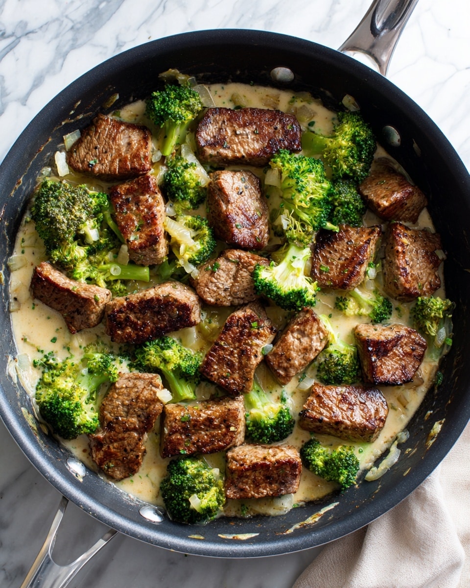 A black pan filled with several browned pieces of cooked meat lying flat and spread across the pan, surrounded by small bright green broccoli florets. The meat has a textured, slightly crispy surface with darker brown sear marks. The pan is coated with a creamy light beige sauce that pools around the meat and broccoli, showing some small bits of cooked onion or garlic throughout. The pan sits on a white marbled surface with a soft off-white cloth in the background on the right side. photo taken with an iphone --ar 4:5 --v 7