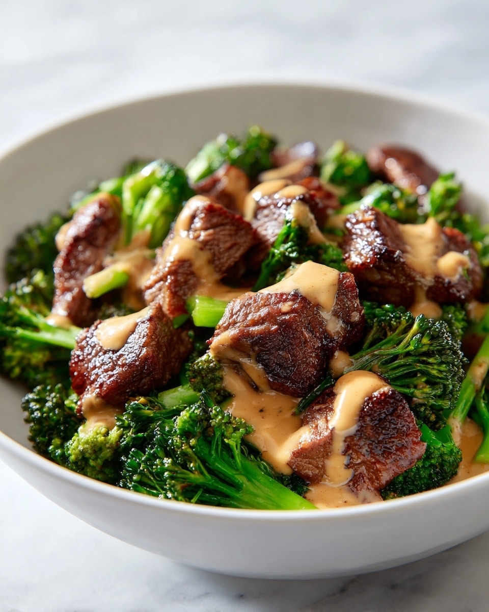 The dish shows several brown cooked pieces of meat layered on top of a bed of bright green broccoli florets in a white bowl, with a creamy light brown sauce drizzled unevenly over the meat and broccoli, adding texture and gloss. The broccoli pieces are small to medium in size and spread evenly throughout the bowl, creating a contrast with the dark, rich color of the meat. The bowl sits on a white marbled surface with soft natural light illuminating the dish from the side, highlighting the moist and savory appearance of the ingredients. photo taken with an iphone --ar 4:5 --v 7
