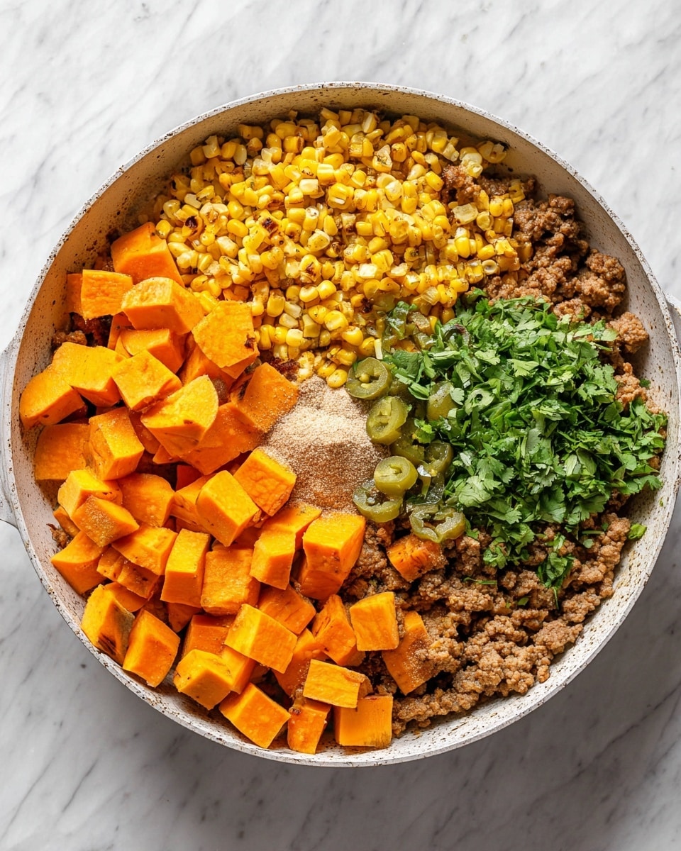 A large white pan contains five main layers: the bottom layer is crumbled cooked meat spread evenly, followed by cubed bright orange sweet potatoes arranged in two main sections on top of the meat, with one side showing grilled yellow corn kernels, some with slight char marks, piled beside the sweet potatoes. In the center, a small mound of light brown seasoning powder sits next to chopped green pickled jalapeños, and a bunch of freshly chopped green cilantro rests below the seasonings. The pan is placed on a white marbled surface. Photo taken with an iphone --ar 4:5 --v 7