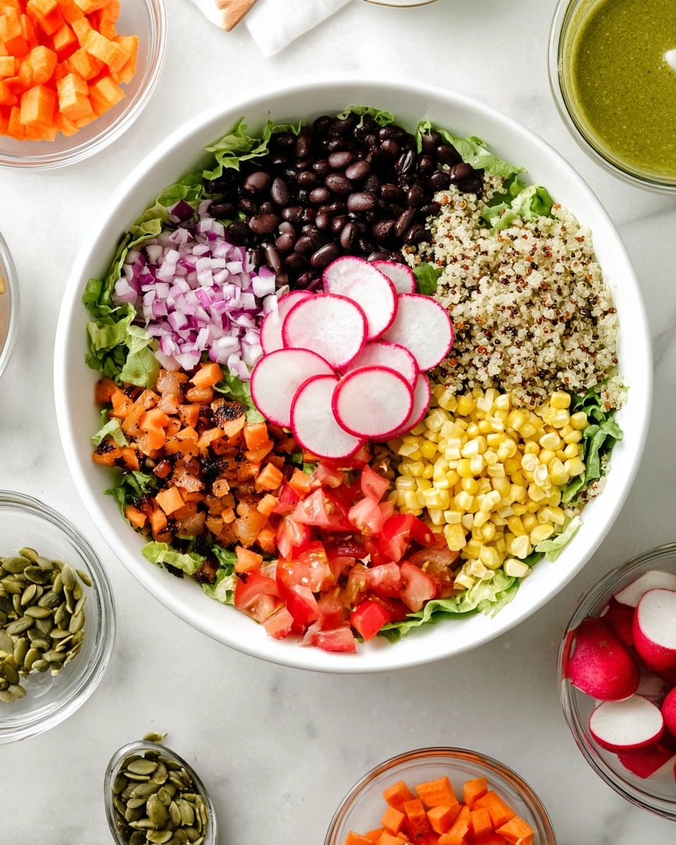 A white bowl with a layered salad starts with a base of green leafy lettuce. On top, there are sections of black beans, grilled chopped red onions with a slightly charred look, diced bright orange carrots, yellow grilled corn kernels, light beige cooked quinoa, and diced red tomatoes. Thin, round slices of white radish with red edges are placed in the center of the bowl, adding a fresh contrast. The bowl is set on a white marbled surface with small clear glass bowls around it holding diced carrots, green dressing with a whisk, sliced radishes, and pumpkin seeds. Photo taken with an iphone --ar 4:5 --v 7