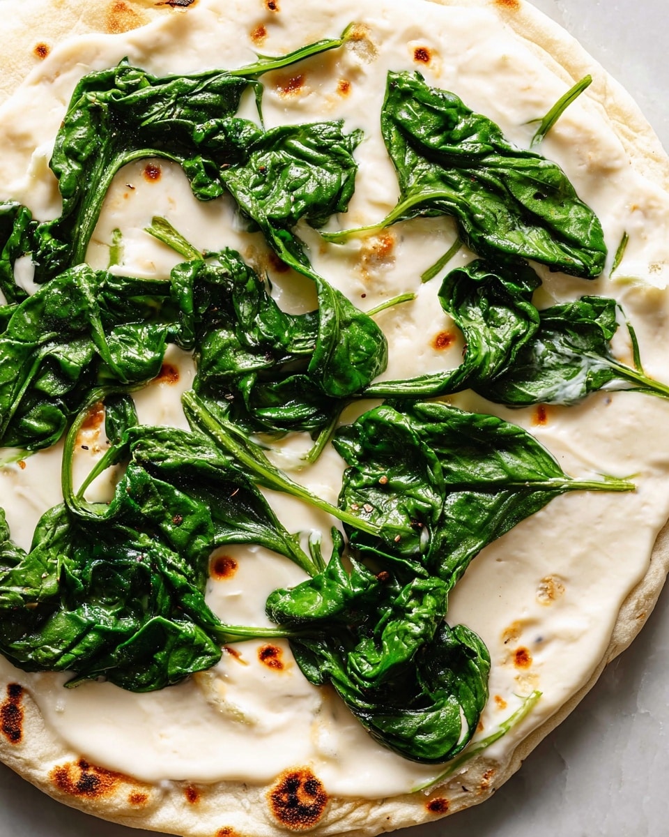 A close-up view of a white round flatbread spread with a thick, creamy white sauce covering most of the surface. On top, there are several clusters of wilted green spinach leaves with a slightly shiny texture, scattered evenly in no particular pattern. The flatbread shows light brown toasted spots around the edges, sitting on a white marbled surface. photo taken with an iphone --ar 4:5 --v 7